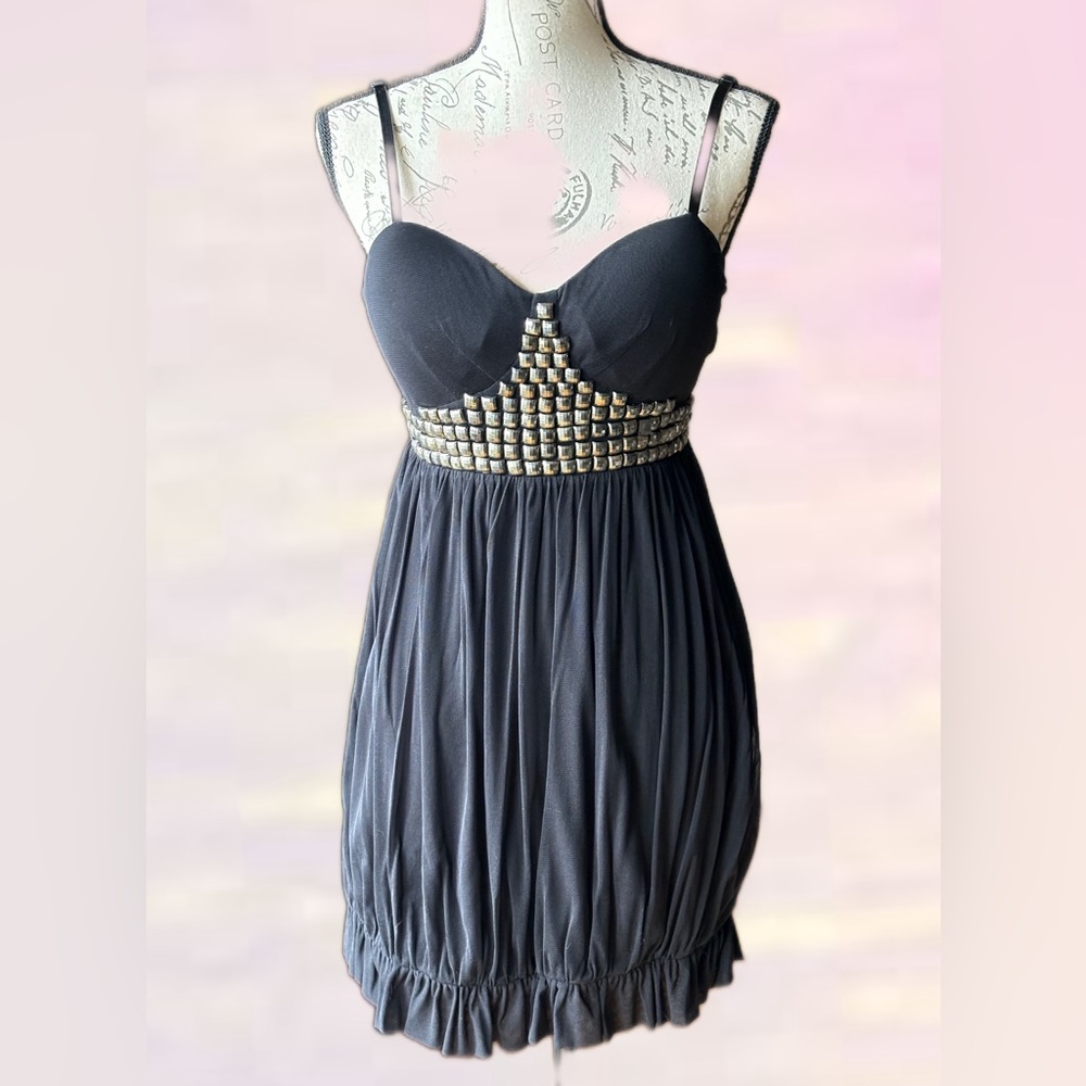 Bustier Strap Dress, Metal Stud Accents, Vertical Ruching, Gathered Hemline (M)